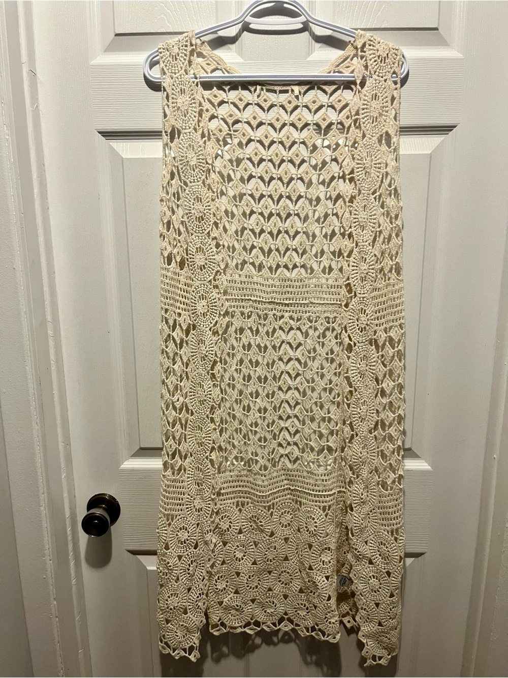 Vintage Cardigan Crochet Boho Top Medium Open Front Vest Festival Summer Cream